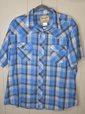 Wrangler Men's Blue Plaid Short Sleeve Western Shirt Pearl Snap Cowboy Size XL